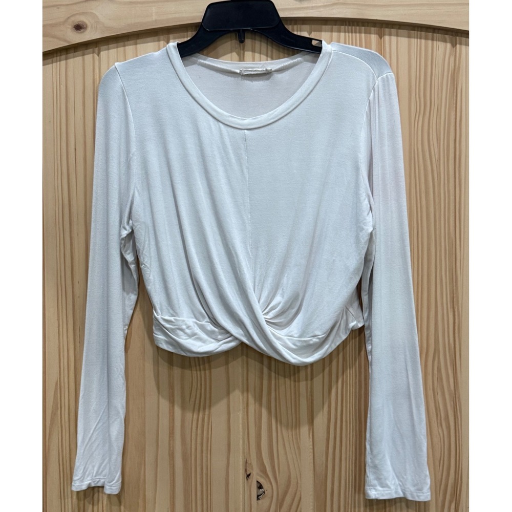 Sozy White Twist Front Long Sleeve Crop Top Crew Neck Modal Blend XL SZT30933